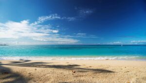 A serene view of the Caribbean Islands with soft white sands meeting crystal-clear turquoise waters. Palm trees sway gently in the breeze under a vibrant blue sky, capturing the essence of tropical paradise and relaxation." This description helps convey the beauty and tranquility of the Caribbean Islands while keeping it humanized and engaging.