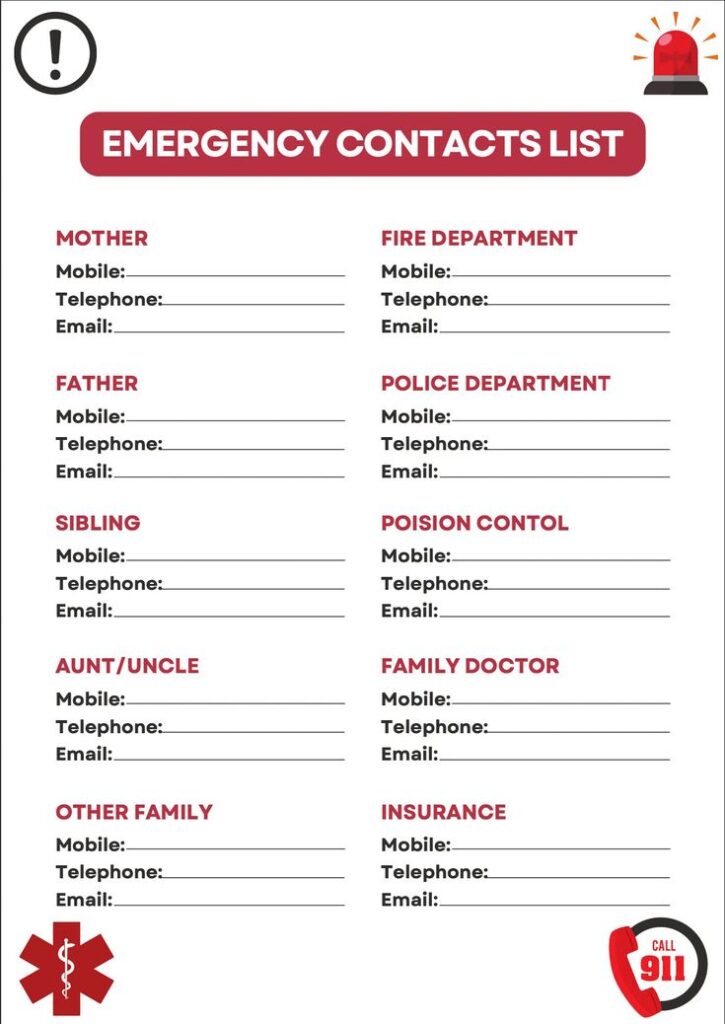 Emergency contact list for a family vacation, featuring essential numbers to have on hand while traveling. Includes local emergency services, family doctors, and contacts for nearby hospitals. Stay prepared for any situation during your family vacation by organizing a reliable emergency contact list.