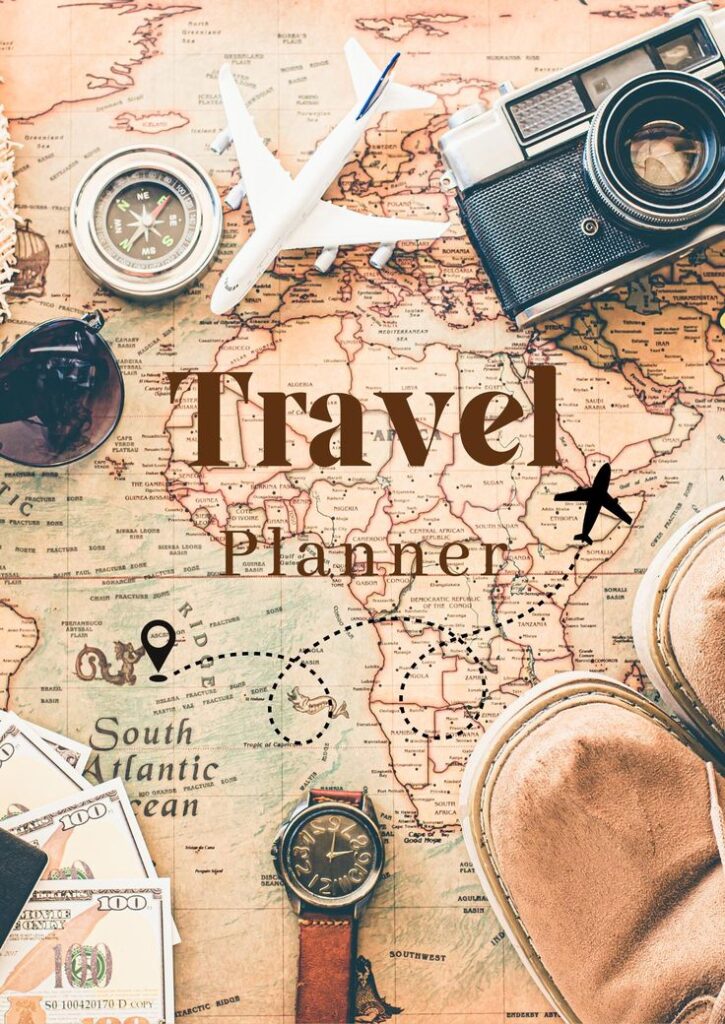 Detailed travel plan with a map, itinerary notes, and travel essentials laid out on a table, illustrating a well-organized approach to a successful trip. Focus keyword: Travel Plan