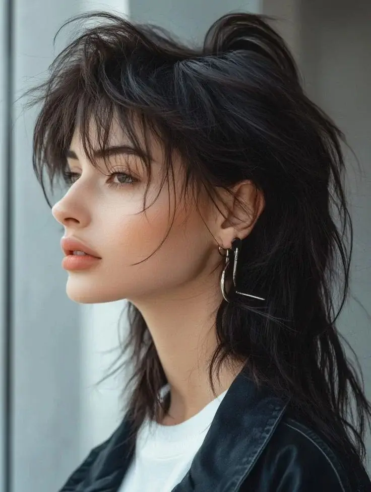 Image showing a woman with a modern mullet hairstyle, featuring a textured, edgy look with shorter layers at the front and longer, tapered layers at the back. The haircut highlights a trendy, bold style that blends classic mullet elements with contemporary fashion. This hairstyle is one of the popular choices under haircut styles for women, offering a chic yet rebellious vibe.