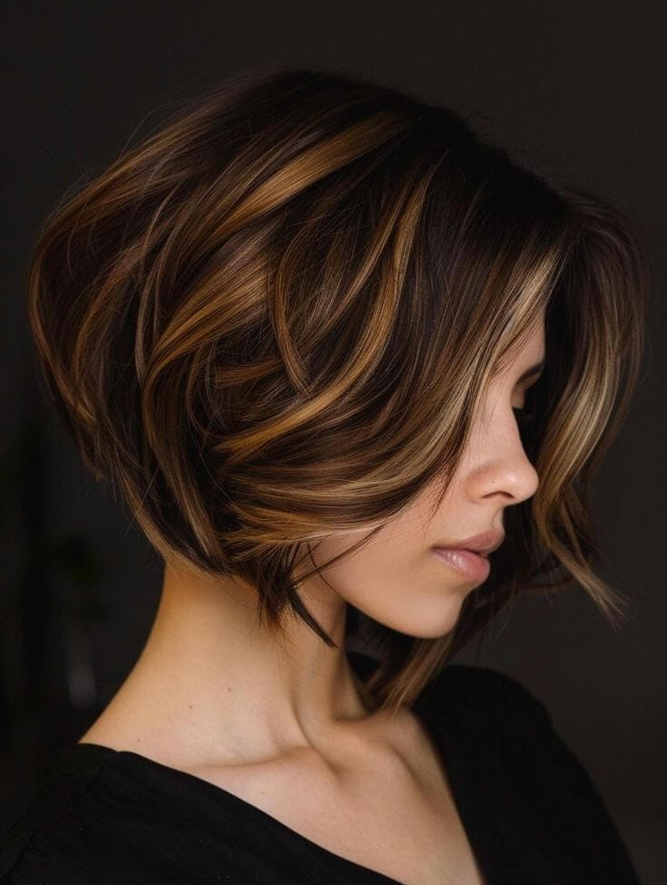 Image of an asymmetrical bob, a trendy and edgy haircut style for women. The hairstyle features uneven lengths, with one side shorter and the other longer, creating a bold, modern look. The sharp angles and sleek finish add to the chic appeal, making it one of the popular haircut styles for women who want to express individuality and fashion-forward style.