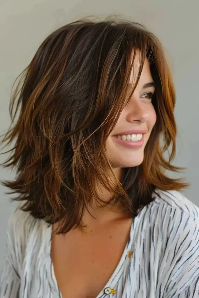 A woman with a layered shoulder-length cut, showcasing one of the popular haircut styles for women. Her hair falls just below her shoulders with soft layers adding volume and movement. The layers create a textured look that frames her face, making this style both chic and versatile for various hair types and face shapes.