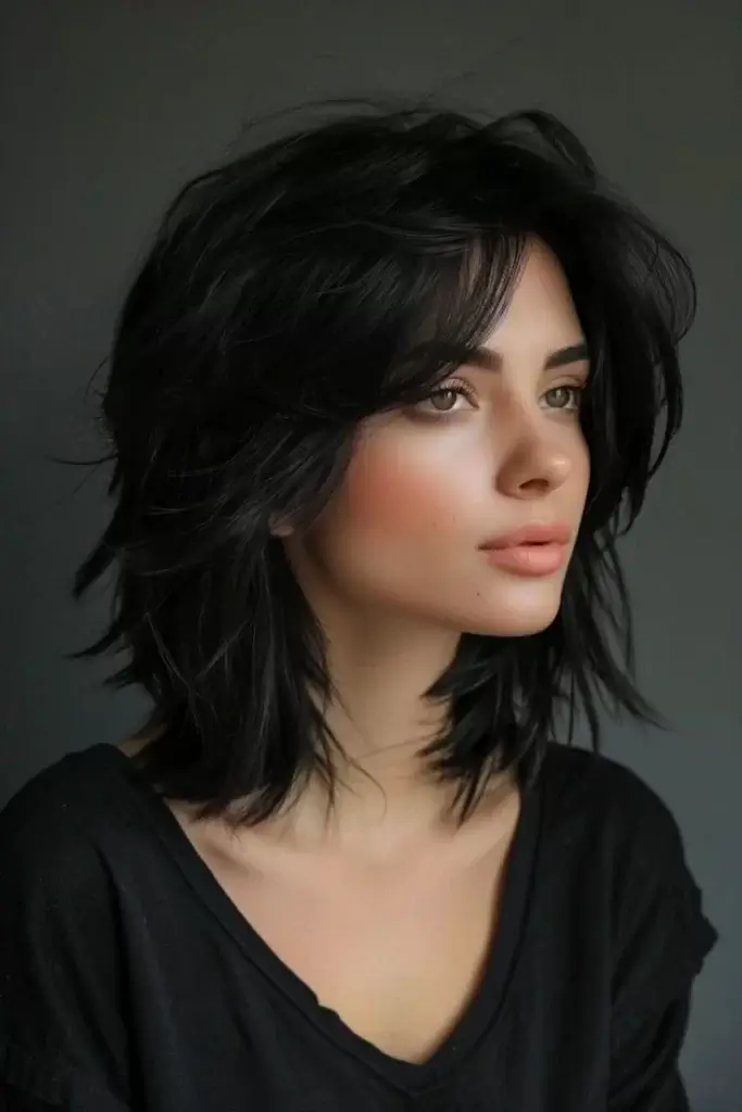 A woman with a trendy textured shag haircut, showcasing layers and volume, ideal for those seeking stylish, low-maintenance Haircut Styles for Women.