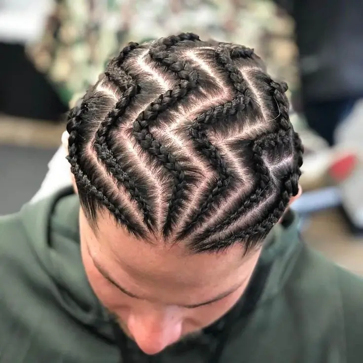 Close-up of Spider Braids for Men featuring intricate, eye-catching braid patterns resembling a spider web. A bold, trendy hairstyle for a standout look.