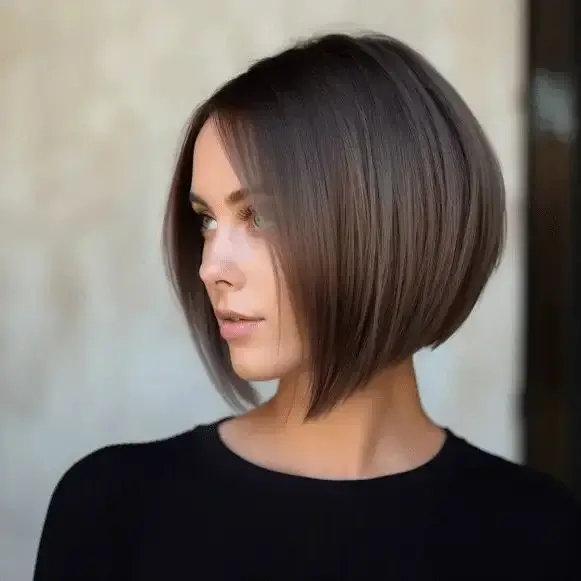 Image showing a stylish blunt bob haircut on a woman. The sleek and straight cut sits just above the shoulders, emphasizing sharp, even ends with no layers. This trendy hairstyle, part of the top haircut styles for women, showcases a polished, chic look that enhances the natural volume and structure of the hair