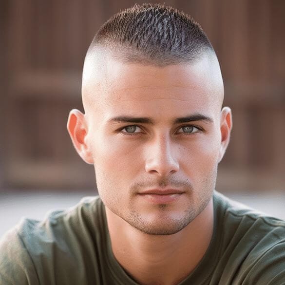 Close-up of a man with a buzz cut, showcasing the clean and minimalist style of the hairstyle. This image highlights how the buzz cut is one of the simplest yet bold Hairstyles for Men, emphasizing sharp lines and easy maintenance.