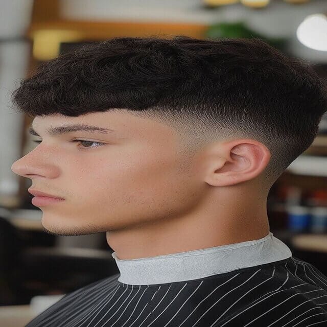 A young man with a textured crop haircut, showcasing one of the effortlessly cool and modern hairstyles for men. His hair features short, choppy layers with a natural, tousled look, adding volume and style.